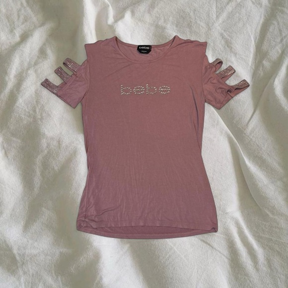 bebe Tops - bebe Dusty Pink Cutout Sleeve Logo Tee